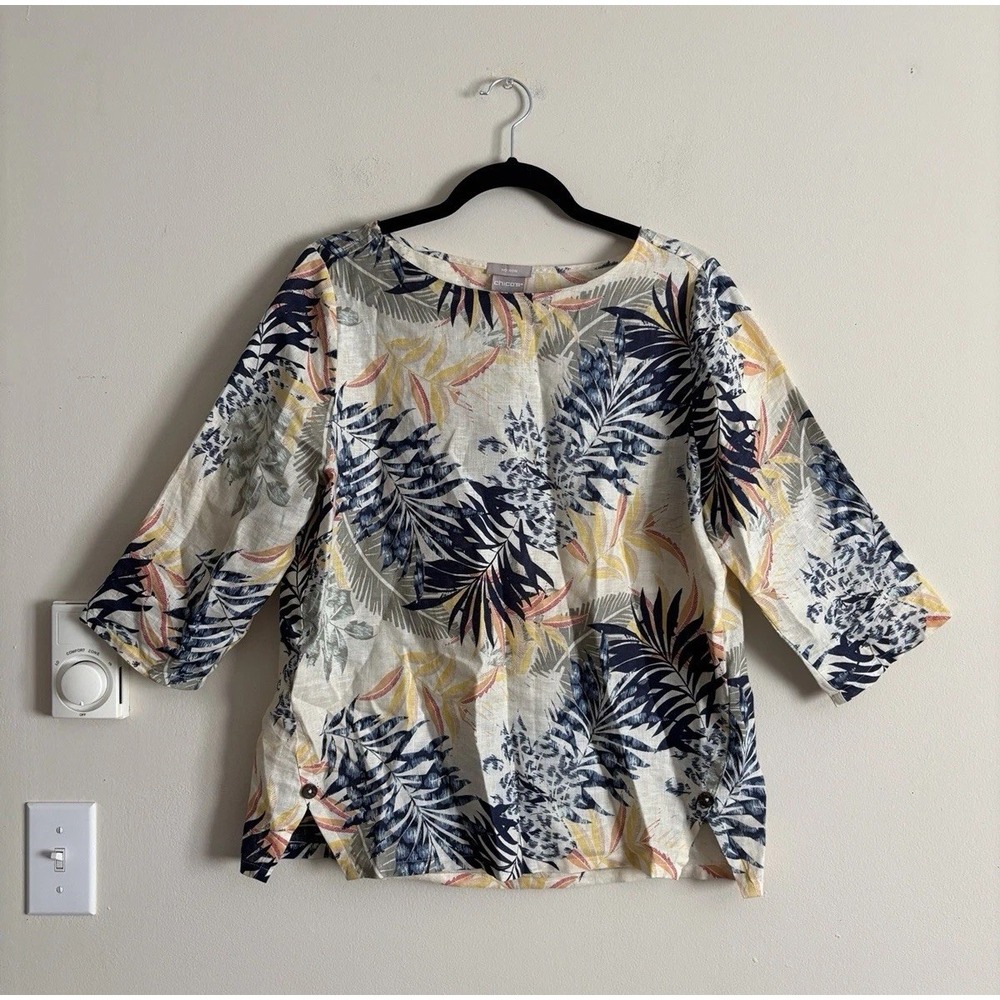 Chicos 1 Medium Tropical Coastal‎ Beach Top Linen Split Hem 3/4 Sleeve